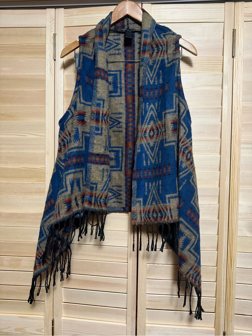 Raj Blue and Tan Geometric Fringe Vest Shawl